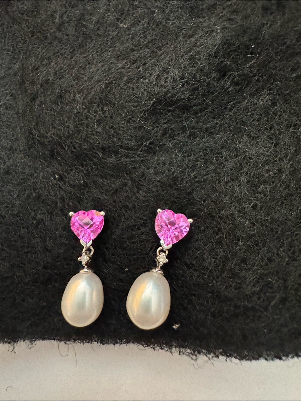 Fine jewelry 10k white gold, pink sapphire and fresh water pearl earrings - Picture 2 of 7